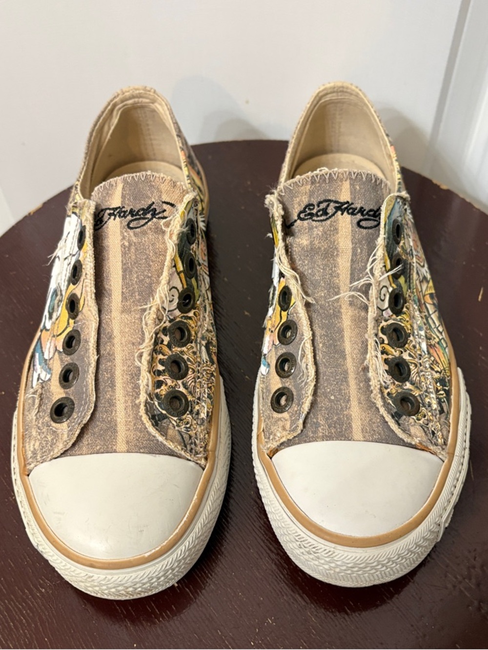 Ed Hardy Y2K Women's Beige & Grey Canvas Slip-On Sneakers
